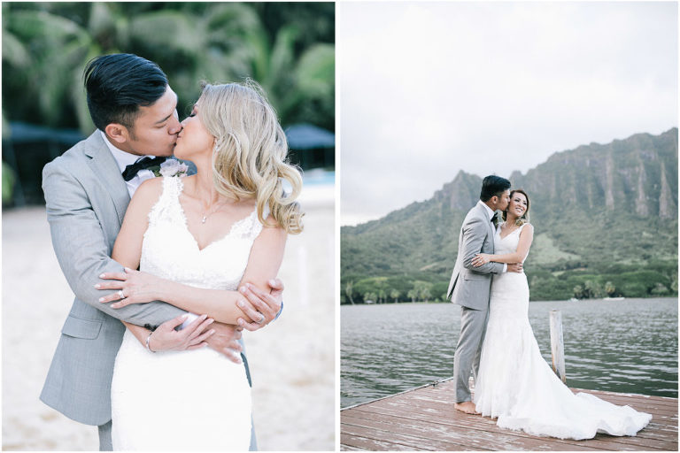 bride and groom portraits in front of kualoa mountains